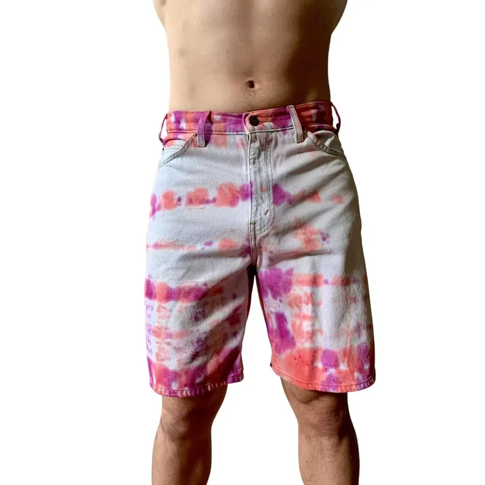 Vintage 90s Levis Yellow Tab Reworked Denim Shorts Pink Orange Tie Dye 32